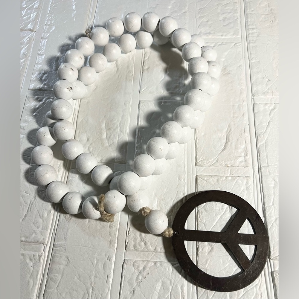 Large 1” white wooden Beads with Peace charm home decor 32” long